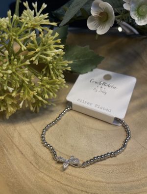 Silver Plated Beaded Bracelet with Bow Charm