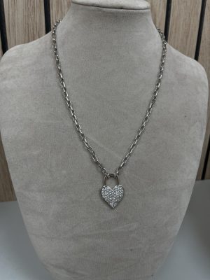 Silver chain with diamanté heart pendant